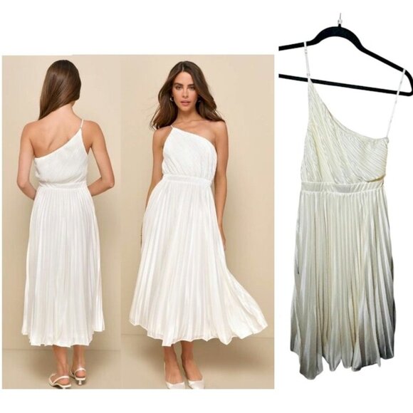 Lulus Alluring Marvel Ivory Pleated Ivory Satin One-Shoulder Midi Dress XS NWT - Picture 1 of 13